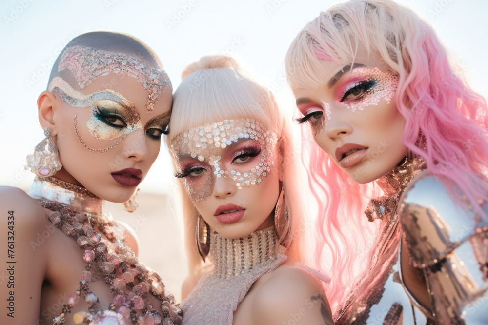 Obraz premium Avant-garde models with glitter makeup and elegant looks