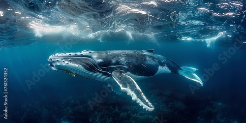 Serene ocean landscape: Humpback whale swims gracefully in the ocean. © Iryna