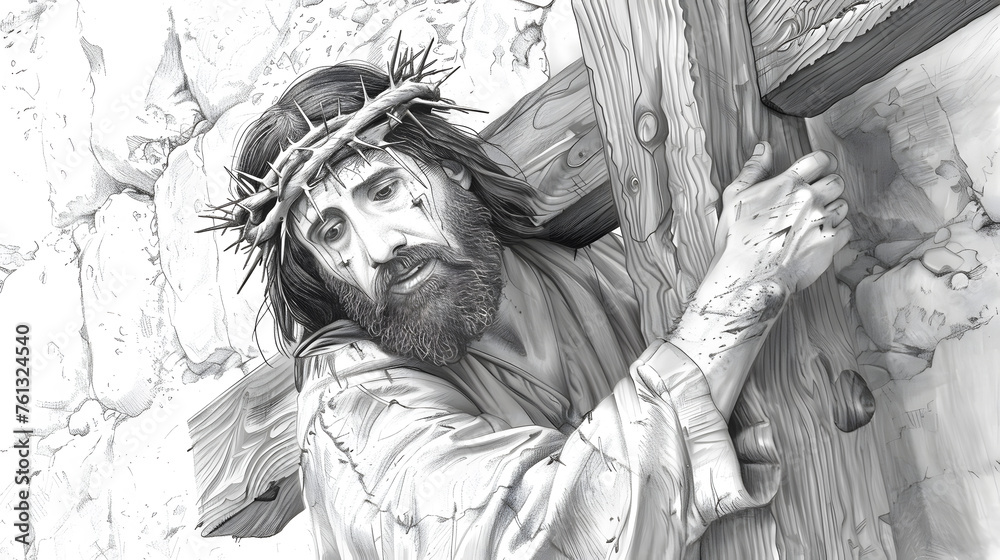 Jesus carrying the cross along the Via Dolorosa in a detailed pencil ...