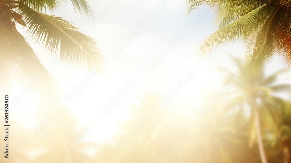 Golden sunlight filtering through palm leaves with sky backdrop