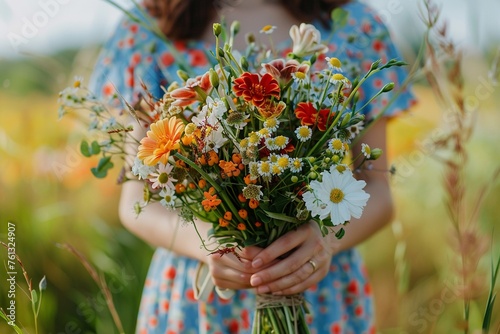 Eine junge Frau mit einem großen bunten Blumenstrauß in den Händen 