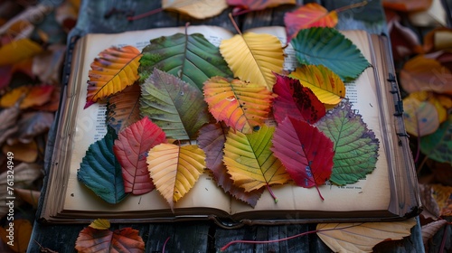 Colorful autumn leaves on open book, symbolizing change and transition. artistic representation of seasons in literature. perfect for fall-themed designs. AI