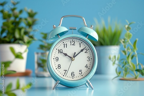 Vintage Blue Alarm Clock on Desk with Potted Plant and Blue Background - Time Management Concept