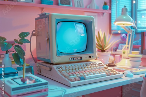 Vintage Computer Setup in Pastel-Pink Room with Retro Vibes, Nostalgic Technology Concept, 80s-90s Aesthetics