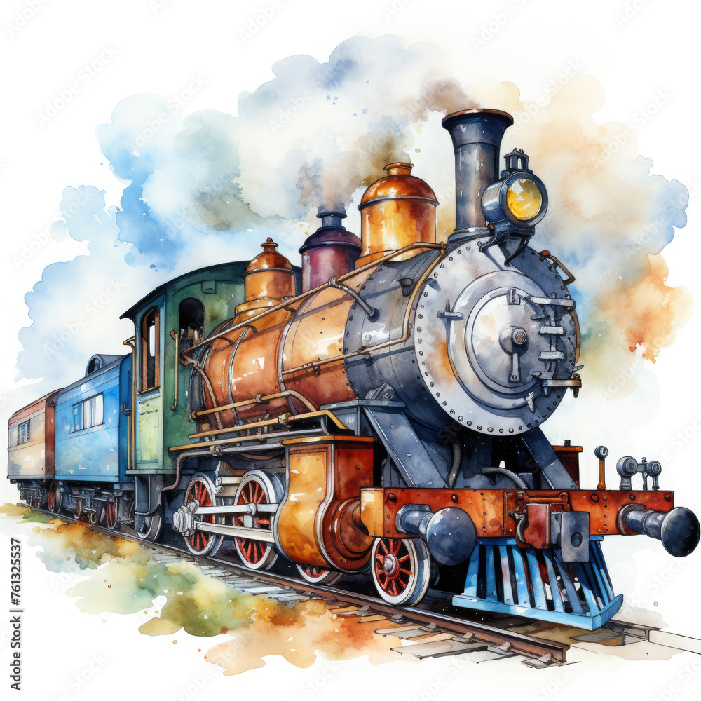 Fototapeta premium Watercolor Seamless STEAM TRAIN Illustration, Generative Ai