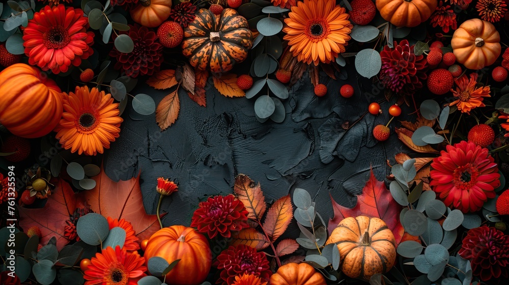 Fototapeta premium Halloween background with pumpkin. Happy Halloween. Halloween photo with pumpkins. Conceptual composition of an autumn holiday with autumn flowers, leaves on a gentle background.