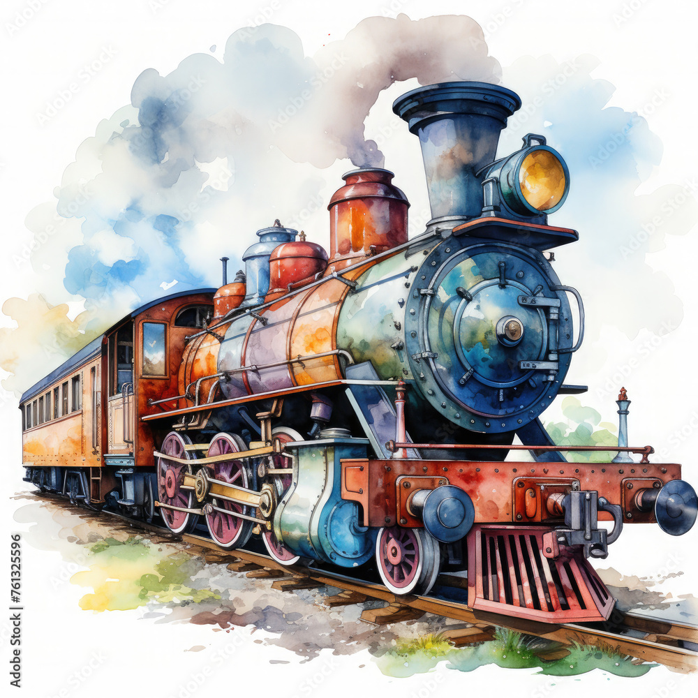 Obraz premium Watercolor Seamless STEAM TRAIN Illustration, Generative Ai