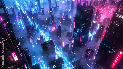 Futuristic cityscape at night with neon lights and skyscrapers. cyberpunk metropolis view. sci-fi urban background illustration. digital art design. AI
