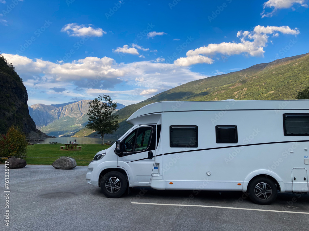 Motorhome camper in Flam city parking in south Norway. Europe