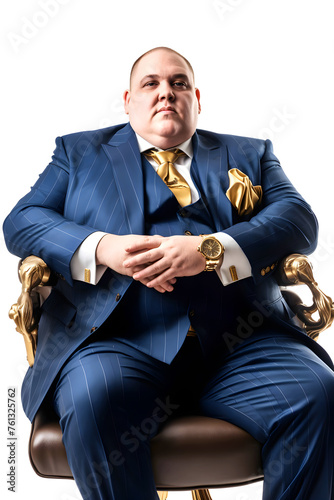 A fully fed rich man with gold jewelry sits in an armchair.