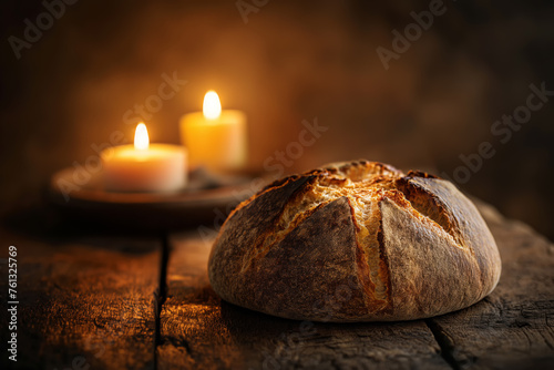 Rustikales Osterbrot aus Sauerteig auf Holztisch mit Kerzenlicht im unscharfen Hintergrund, Symbol für das letzte Abendmahl mit Jesus Christus