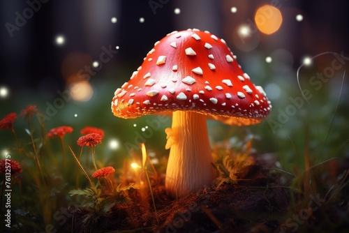 Enchanting scene of glowing mushroom in mystical forest with wizardly background