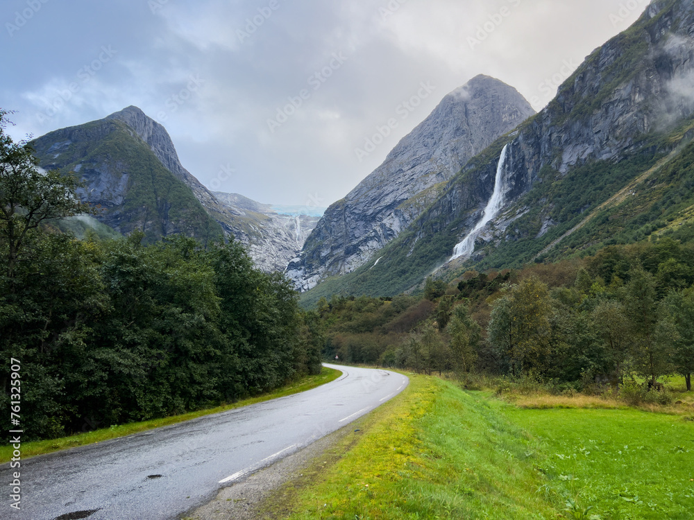Road in Briksdal glacier valley in south Norway. Europe