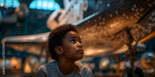 A curious Black child gazes up at a space shuttle during a museum visit. Concept African American representation  Space education  Childhood wonder  Learning through experience  Museum field trip
