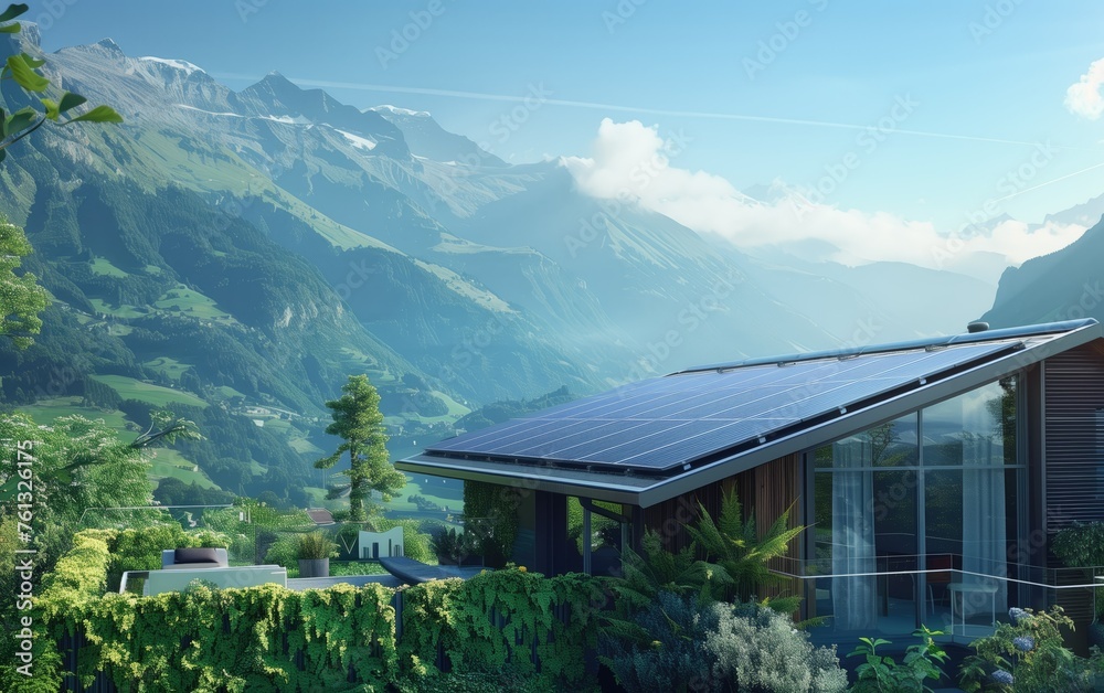 Sustainable Living in the Mountains, A modern eco-friendly home with solar panels against an alpine backdrop. sustainable, eco-friendly, solar, panels, mountains, alpine, green, energy, modern, home