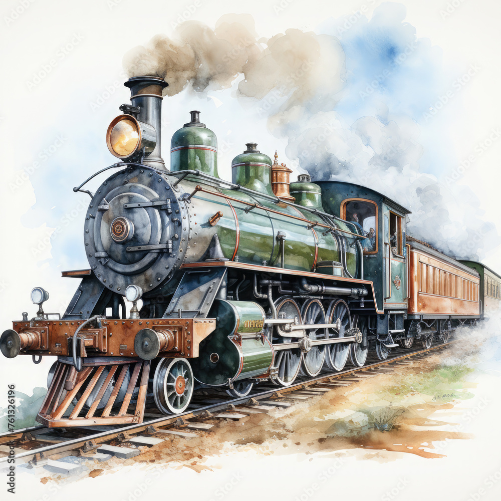 Watercolor Seamless STEAM TRAIN Illustration, Generative Ai