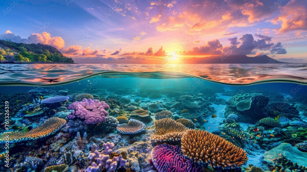 Golden hour split view  great barrier reef coral ecosystem at sunset in queensland, australia - obrazy, fototapety, plakaty 