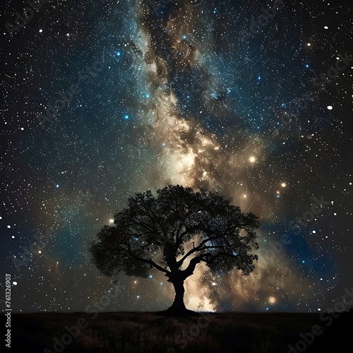 A star-filled sky stretches overhead, illuminating the silhouette of a lone tree on a moonlit night