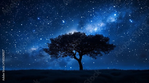 A star-filled sky stretches overhead, illuminating the silhouette of a lone tree on a moonlit night