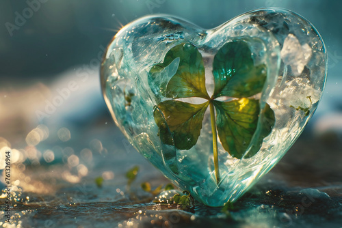Heart with four-leaf clover in ice