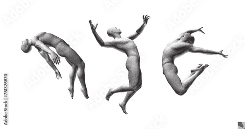 Models of people in different poses. Jumping man. Basketball player. Freedom, leadership or development concept. Design for sport. Gymnastics activities. 3d vector for brochure, presentation or banner