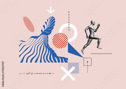 Art composition. Leadership concept. Running man or marathon runner. Ocean wave. 3D human body model in grid style with stipple effect. Design for cover, card, banner, poster, brochure or presentation