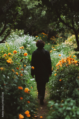 Back view of young man standing in flower garden with colorful flowers.