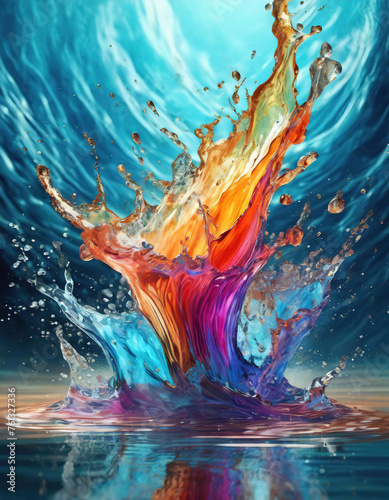 colorful splash of water with blue background photo
