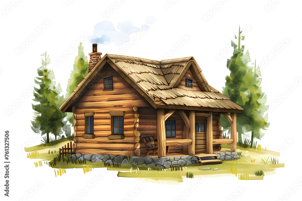 Gemütliches Blockhaus: Illustration eines idyllischen Holzhauses für Natur- und Architekturliebhaber