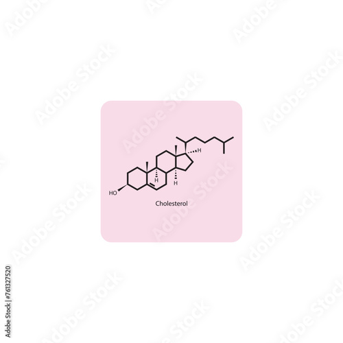 Cholesterol skeletal structure diagram. compound molecule scientific illustration on pink background.