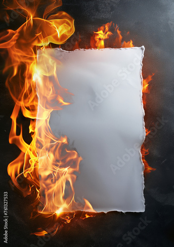 White blank paper sheet on fire, burning