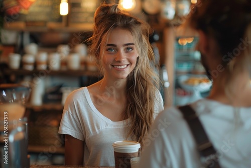 A cute girl in a white shirt hands coffee to a client in a coffee shop. A smile on the girl's face. Charming young barista hands coffee to a visitor.