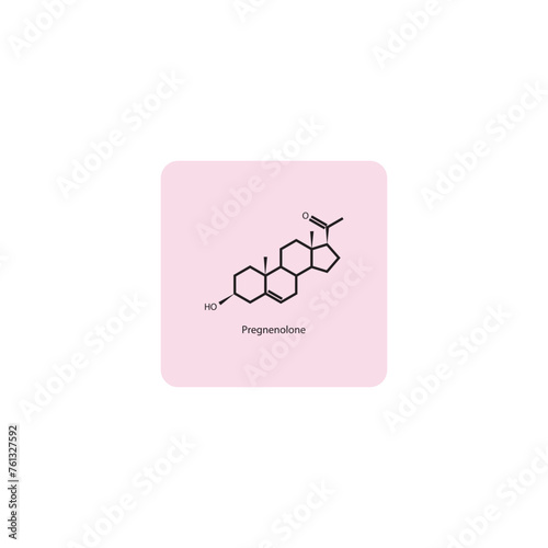 Pregnenolone skeletal structure diagram.Progesterone hormone compound molecule scientific illustration on pink background.