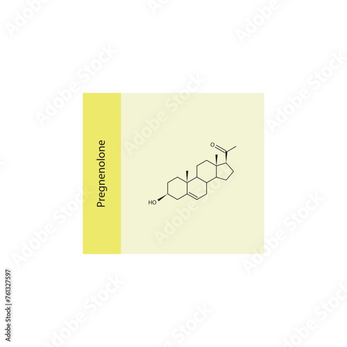 Pregnenolone skeletal structure diagram.Progesterone hormone compound molecule scientific illustration on yellow background. photo