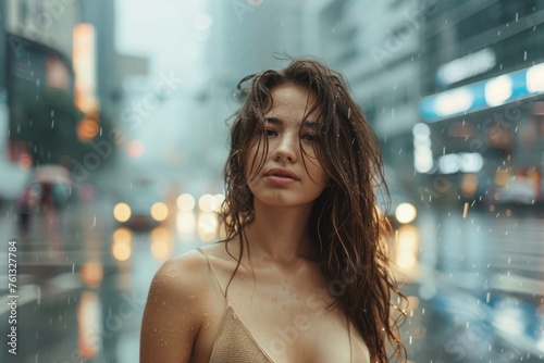 A young woman got wet in the rain in a summer sundress and stands in the middle of a city street, sad. High key photo. wide shot.