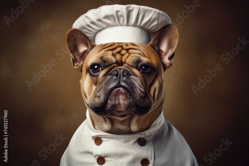 Portrait of a Bulldog in a chef hat and uniform with a serious expression on a brown background. © Sascha