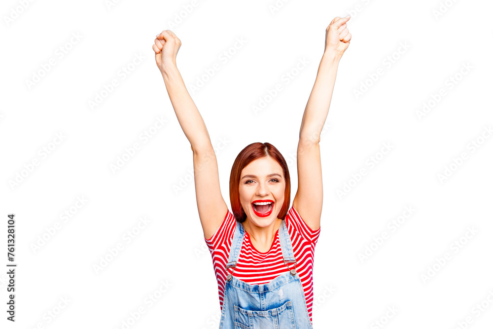 Portrait of nice vivid girlish red straight-haired glad happy smiling young girl with opened mouth, raising hands up, isolated over blue background Portrait of nice vivid girlish red straight-haired glad happy smiling young girl with opened mouth, raising hands up, isolated over blue background