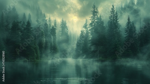 Misty dark green forest © artdolgov