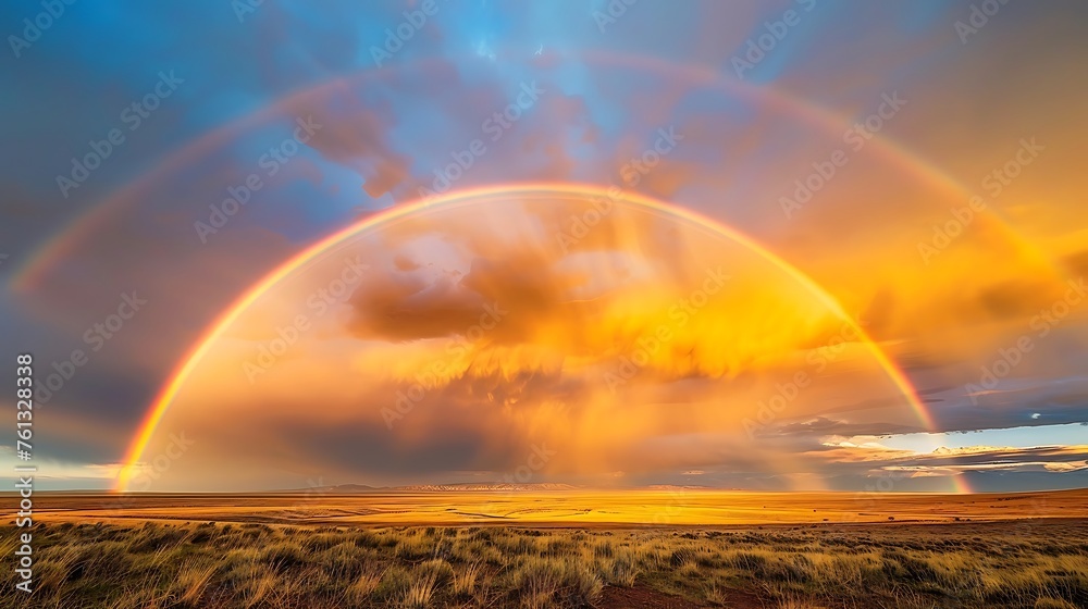 A vibrant rainbow arcs across the sky, bringing color and joy to a stormy landscape.