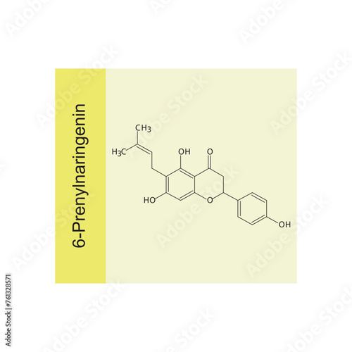 6-Prenylnaringenin skeletal structure diagram.prenylated flavonoid compound molecule scientific illustration on yellow background.
