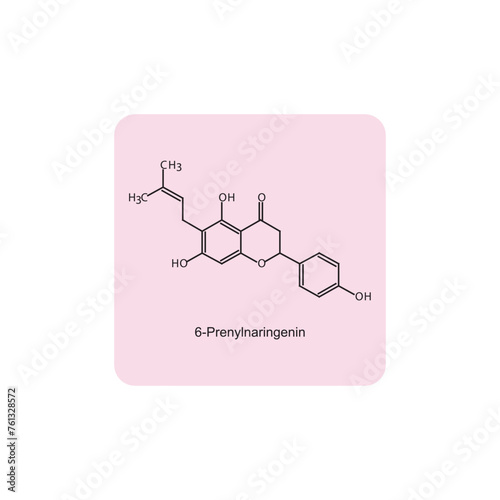 6-Prenylnaringenin skeletal structure diagram.prenylated flavonoid compound molecule scientific illustration on pink background.
