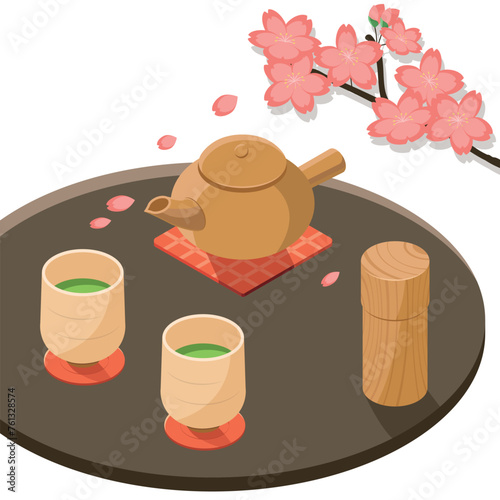 桜の花見とお茶_アイソメトリックのイラスト