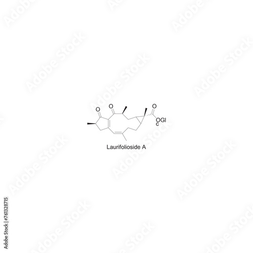 Laurifolioside A skeletal structure diagram.Diterpenoid compound molecule scientific illustration on white background.