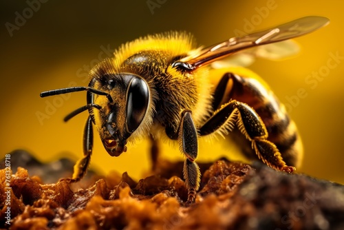 Close up of a bee s intricate wings and fuzzy body, emphasizing their significance on world bee day. © Aliaksandra