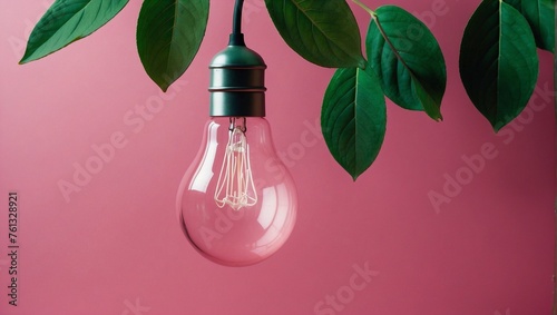 green leaves with light bulb and pink background