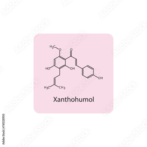 Xanthohumol skeletal structure diagram.prenylated flavonoid compound molecule scientific illustration on pink background.
