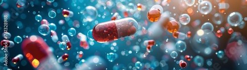 Capsules Suspended in Mid-Air with Sparkling Bokeh Background photo
