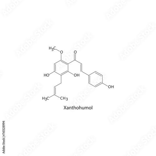 Xanthohumol skeletal structure diagram.prenylated flavonoid compound molecule scientific illustration on white background. 