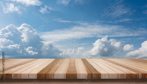 Wooden Table Top on Blue Sky and Cloud Background for Product Display