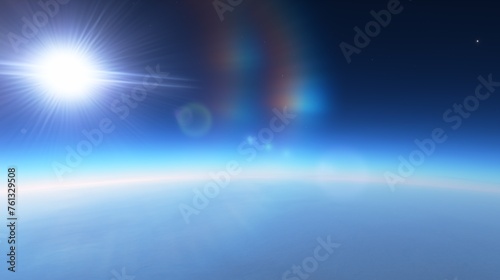 Bright sun with lens flare over Earth atmosphere, space background with stars. 3d render photo